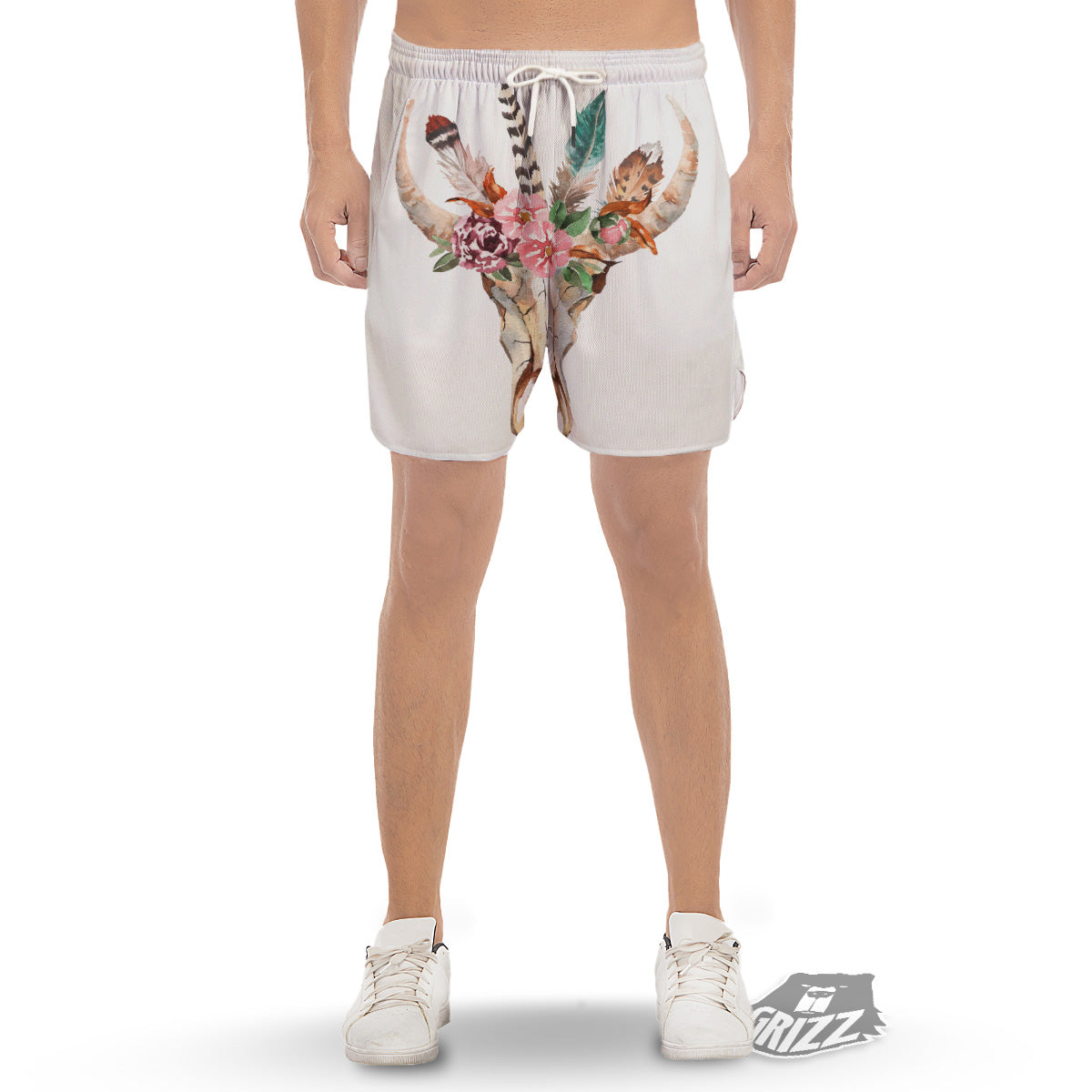 Deer Skull Boho Floral Print Men's Gym Shorts-grizzshop