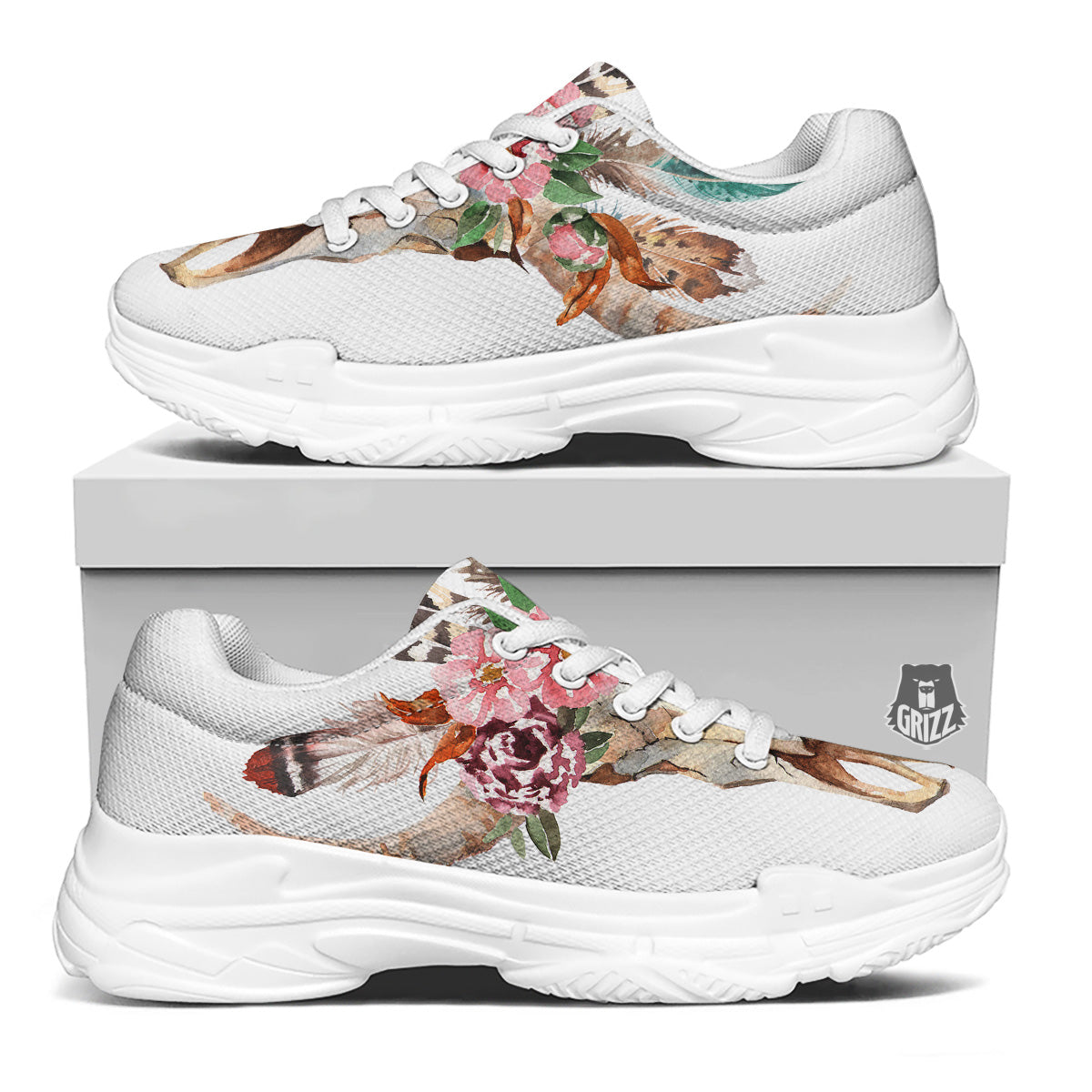 Deer Skull Boho Floral Print White Chunky Shoes-grizzshop