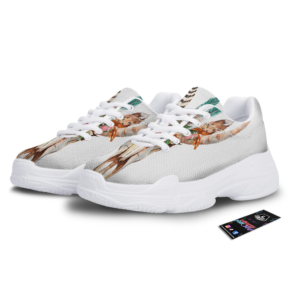 Deer Skull Boho Floral Print White Chunky Shoes-grizzshop