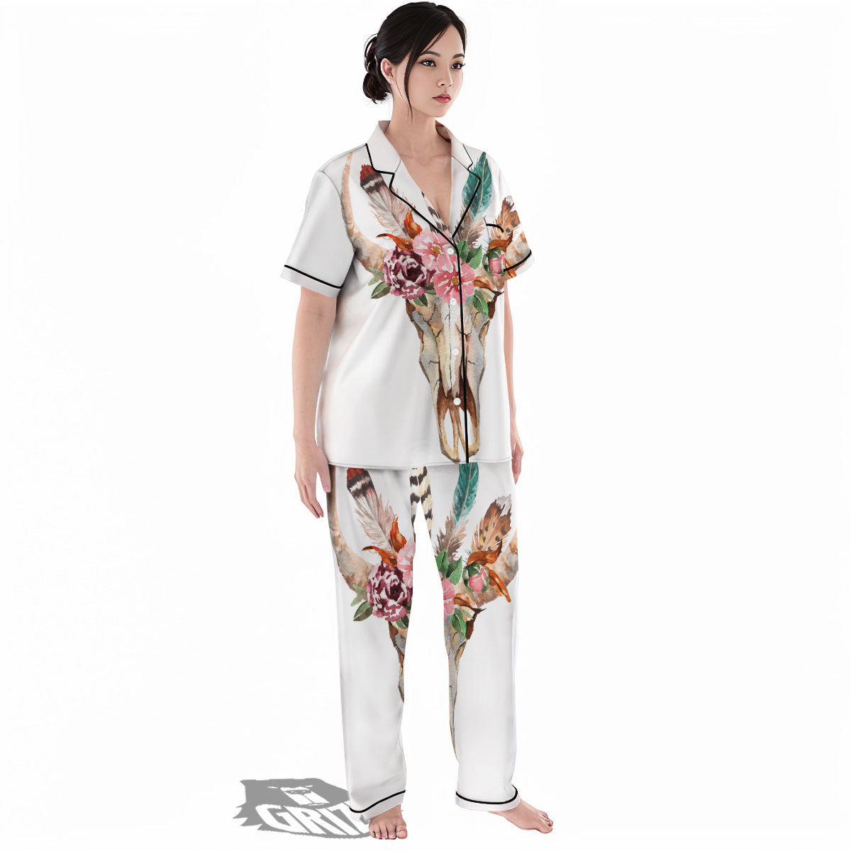 Deer Skull Boho Floral Print Women's Pajamas Set-grizzshop