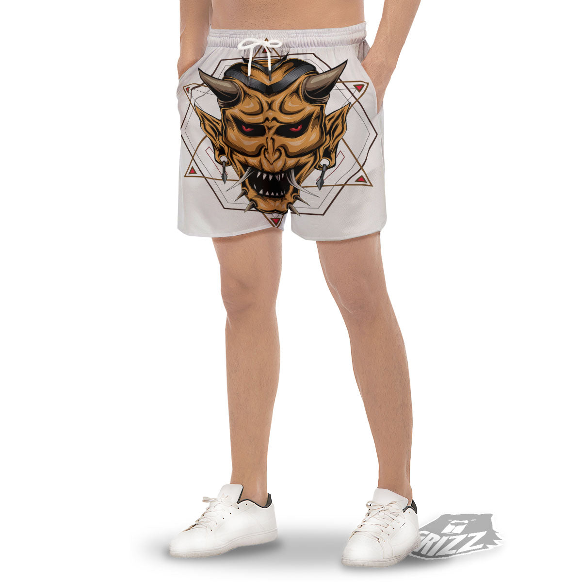 Demon Geometric Japanese Print Men's Gym Shorts-grizzshop