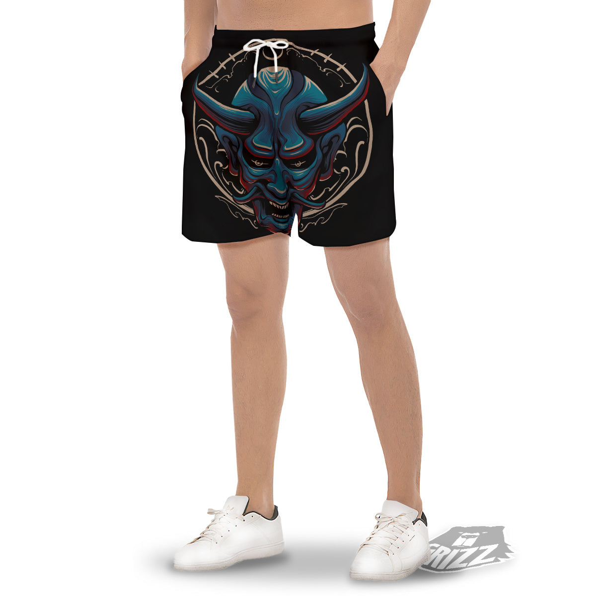 Demon Japanese Blue Print Men's Gym Shorts-grizzshop