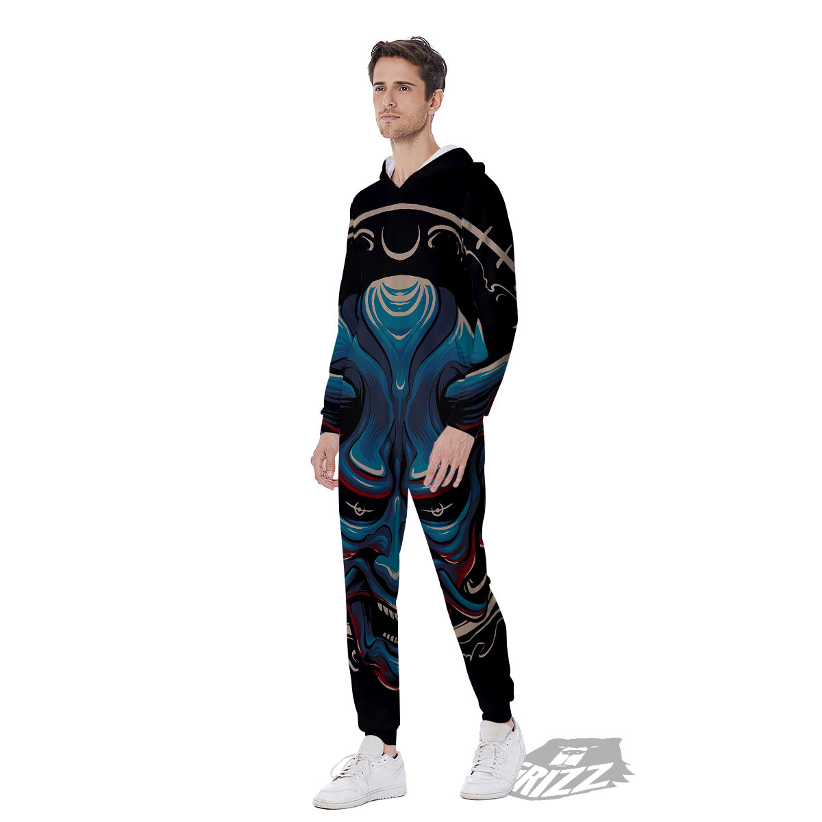 Demon Japanese Blue Print Men's Jumpsuit-grizzshop