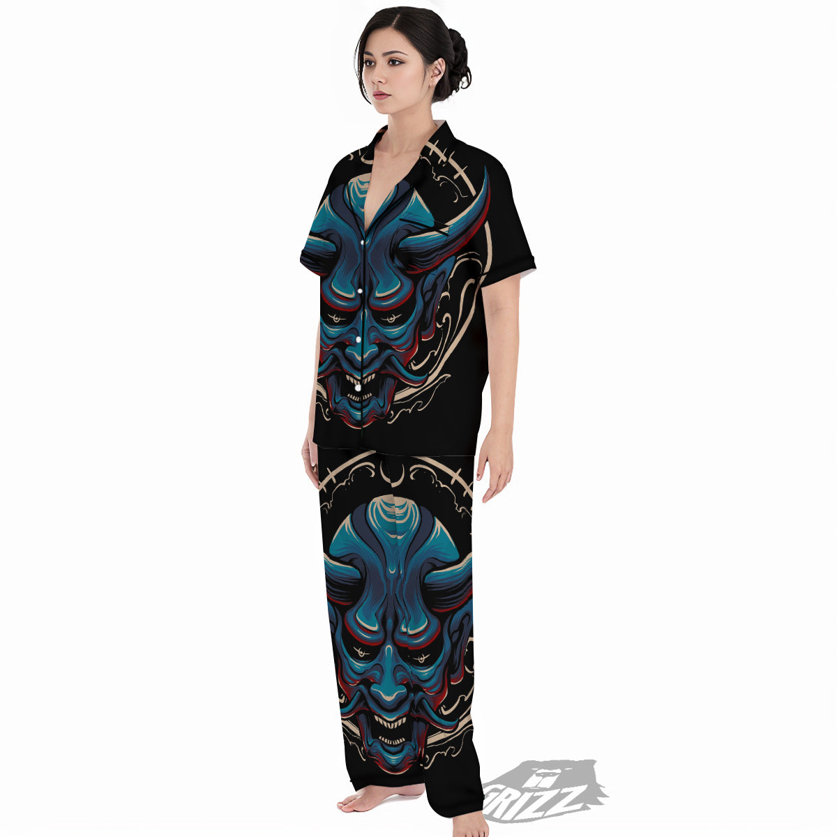 Demon Japanese Blue Print Women's Pajamas Set-grizzshop