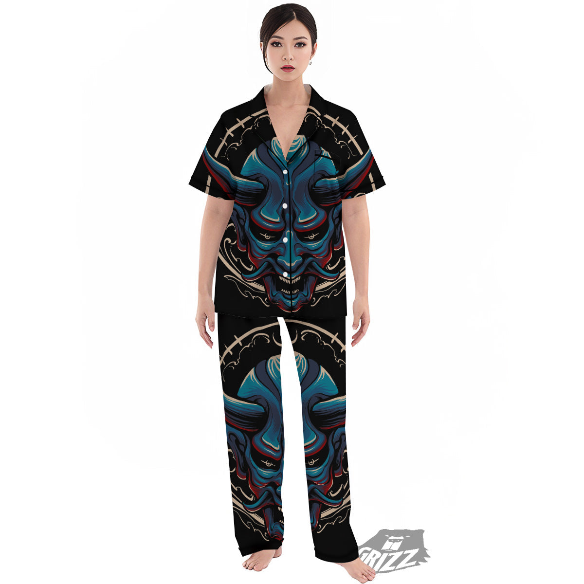 Demon Japanese Blue Print Women's Pajamas Set-grizzshop
