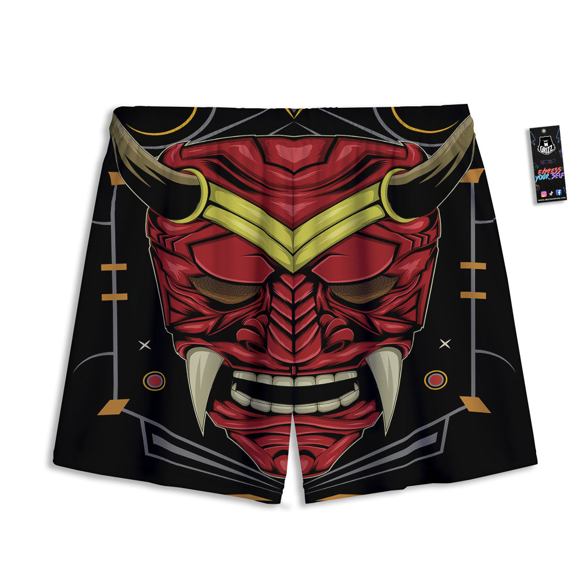 Demon Mask Red Japanese Print Mesh Shorts