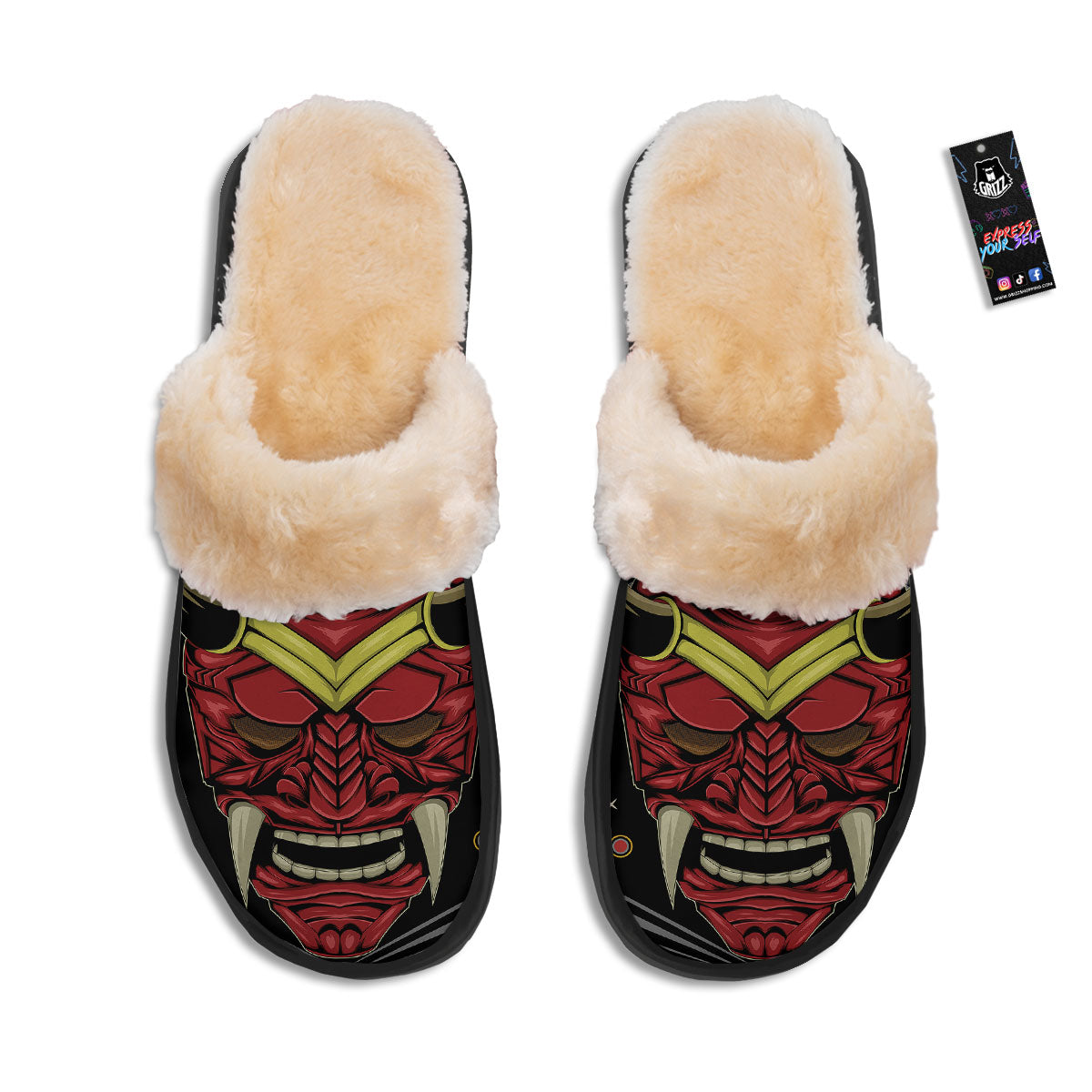 Demon Mask Red Japanese Print Slippers-grizzshop
