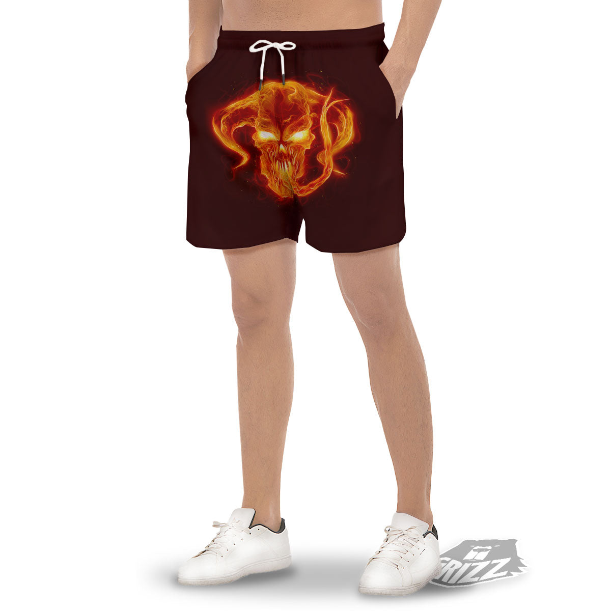 Demon Skull Flaming Print Men's Gym Shorts-grizzshop