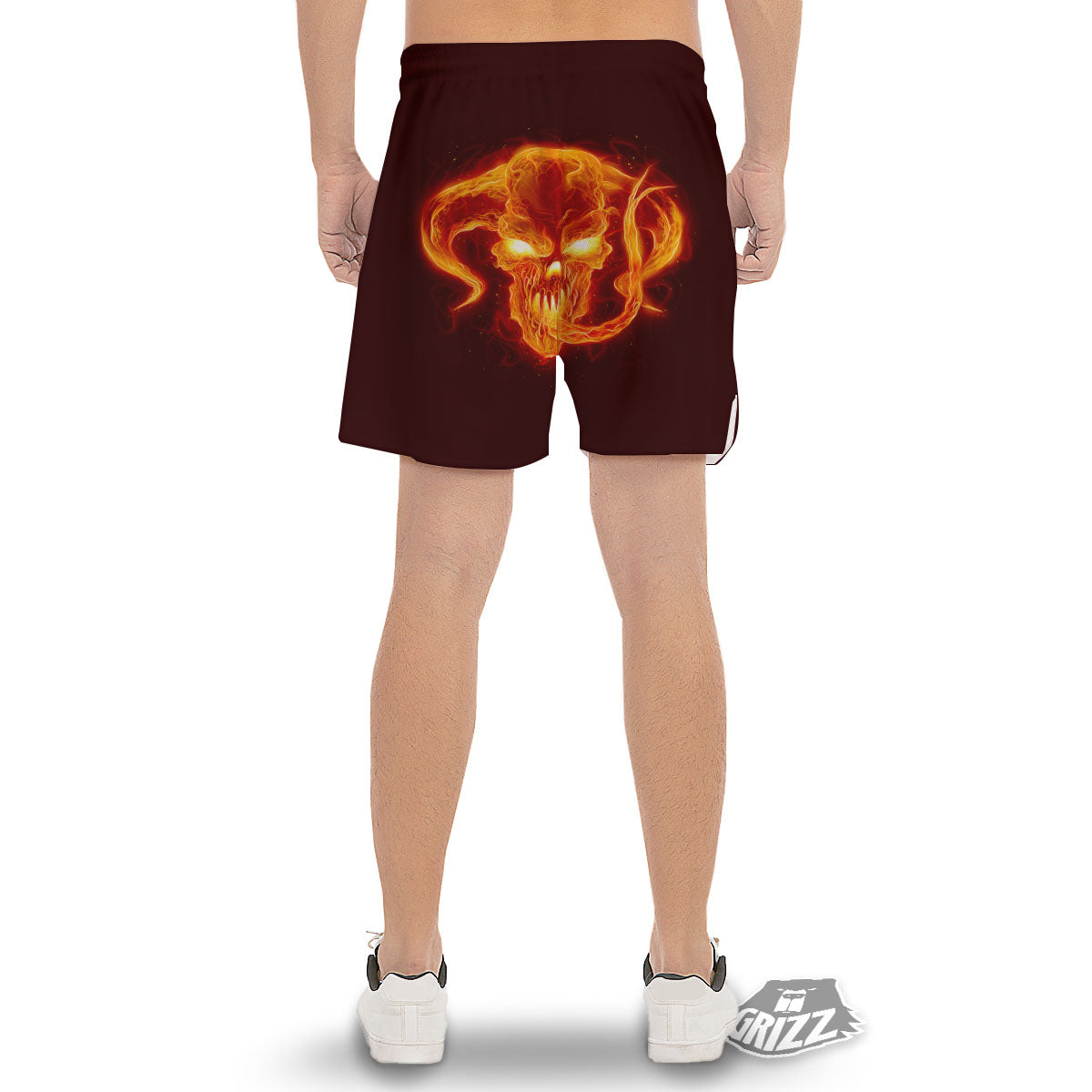 Demon Skull Flaming Print Men's Gym Shorts-grizzshop