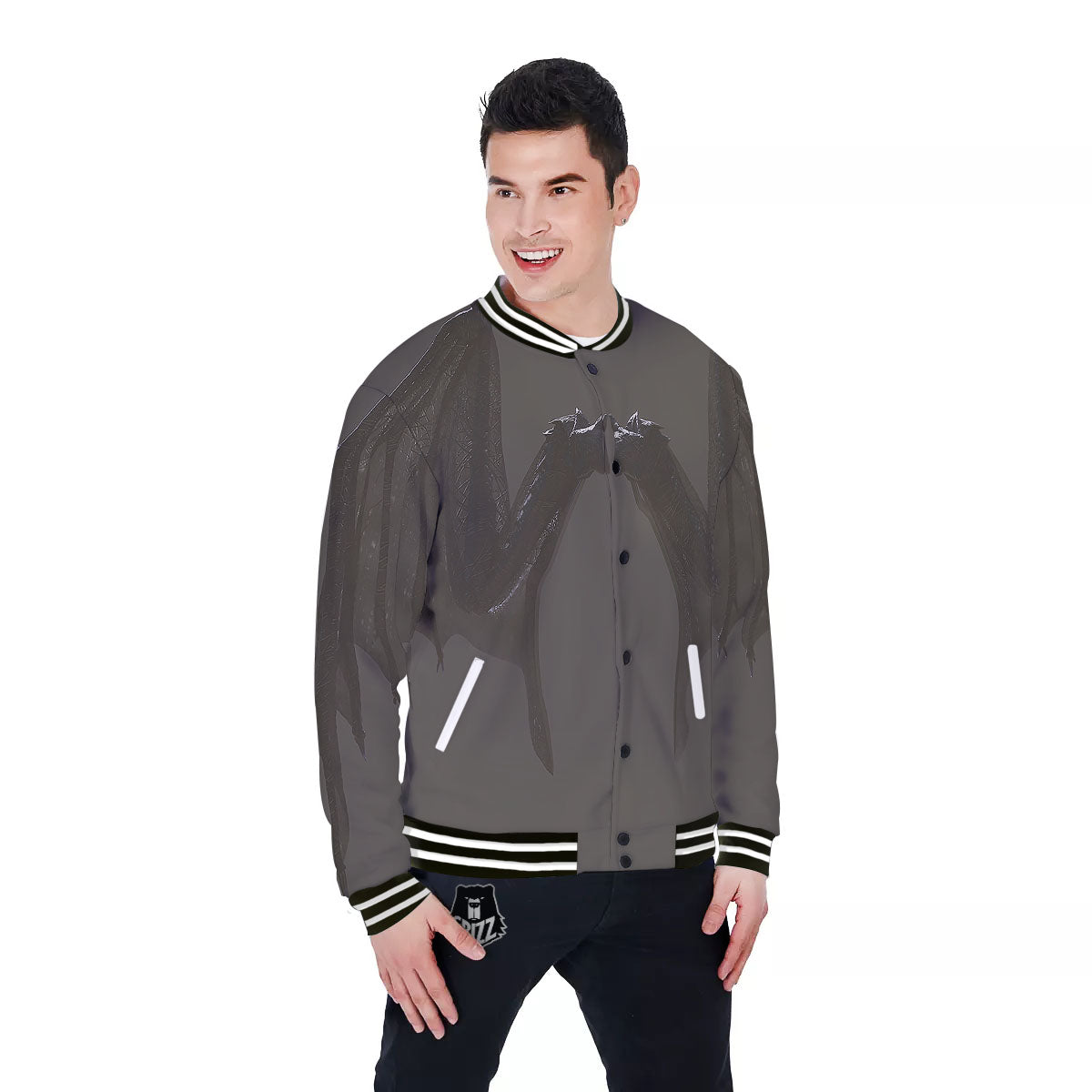 Demon Wings Black Print Baseball Jacket-grizzshop