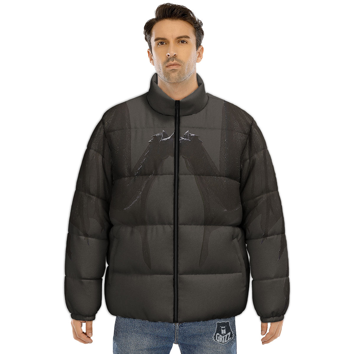 Demon Wings Black Print Puffer Jacket-grizzshop