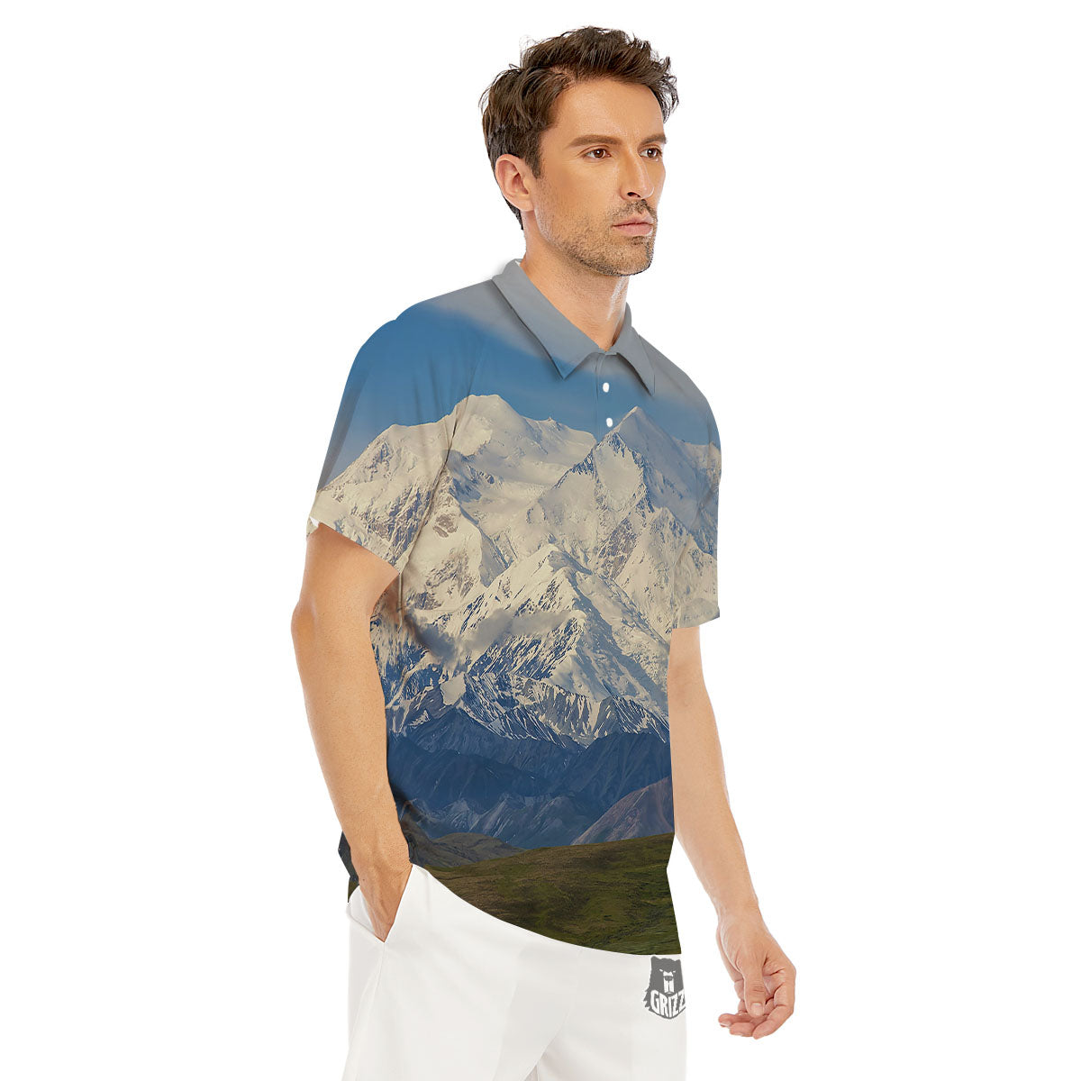 Denali Mountain Print Men's Golf Shirts-grizzshop