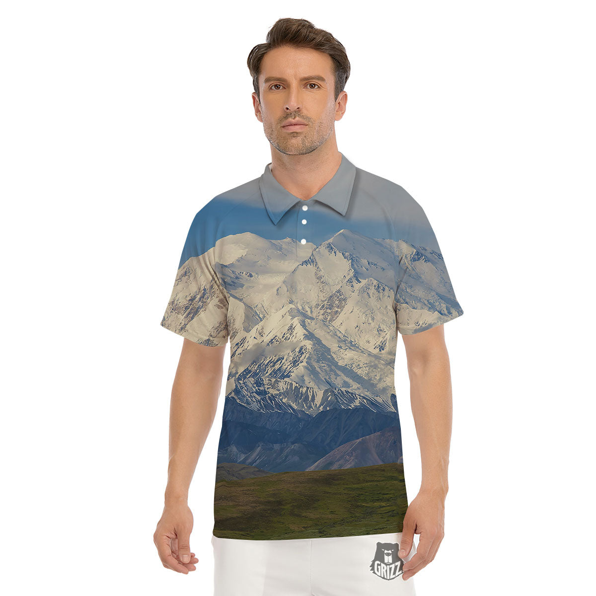 Denali Mountain Print Men's Golf Shirts-grizzshop