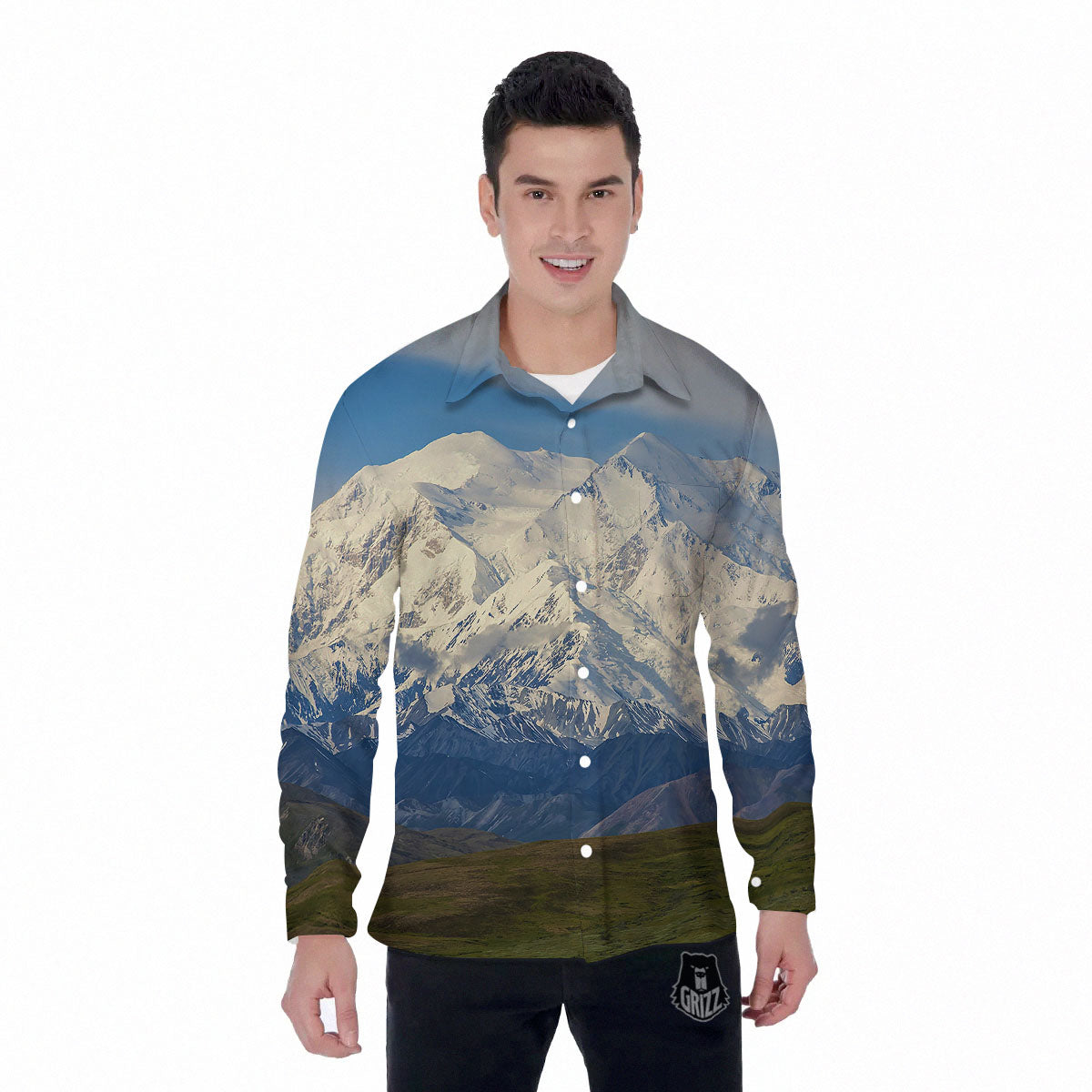Denali Mountain Print Men's Long Sleeve Shirts-grizzshop