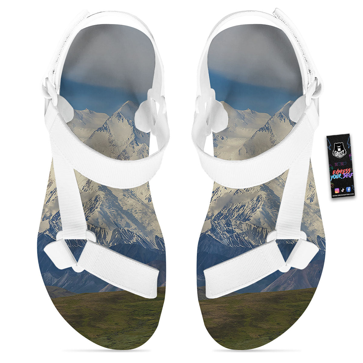 Denali Mountain Print White Open Toe Sandals-grizzshop