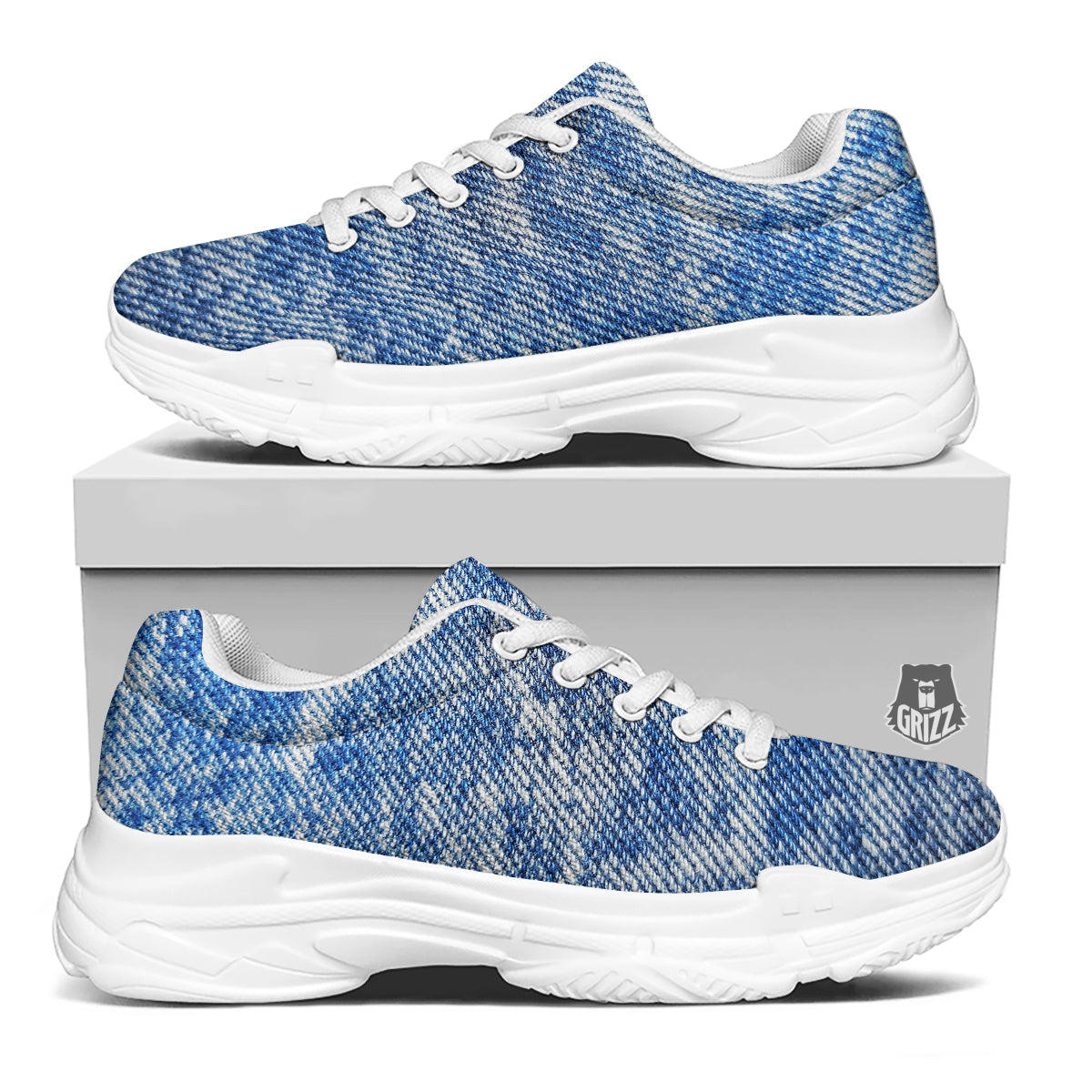 Denim Jeans Acid Wash Print Pattern White Chunky Shoes-grizzshop