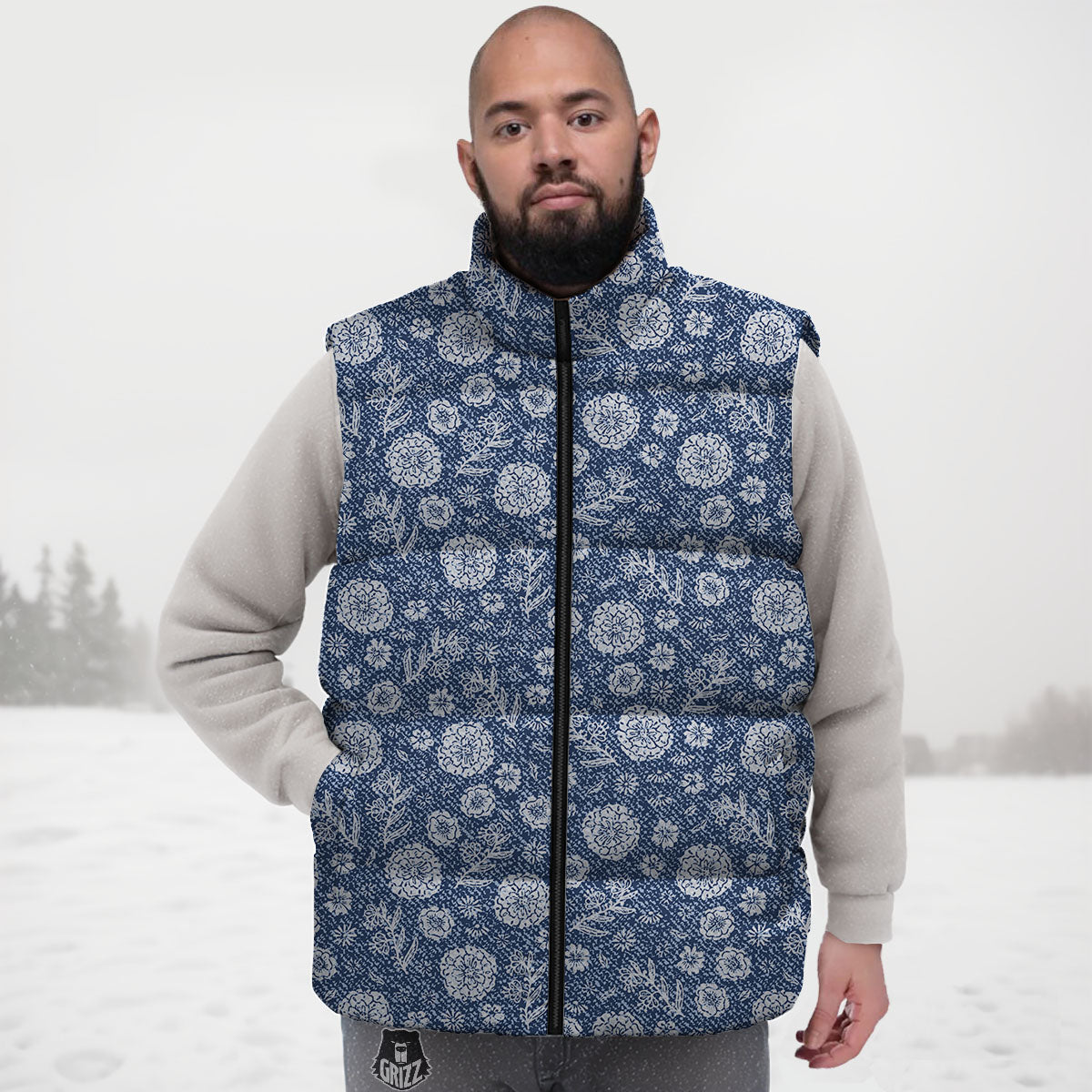 Denim Jeans Flower Print Pattern Down Vest-grizzshop