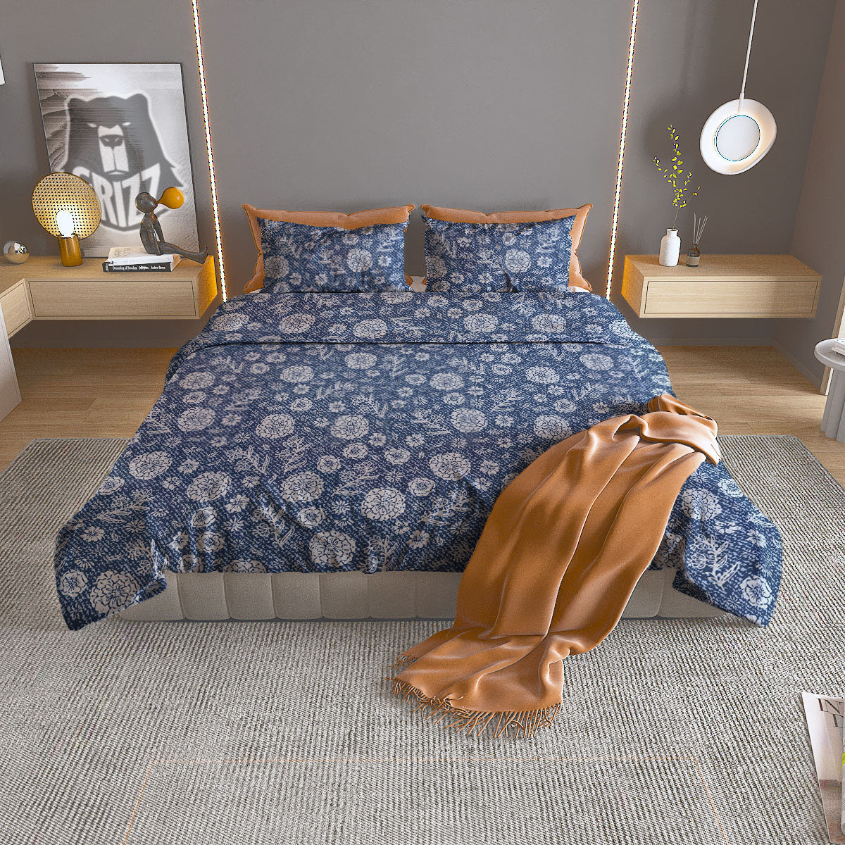 Denim Jeans Flower Print Pattern Duvet Cover Bedding Set-grizzshop