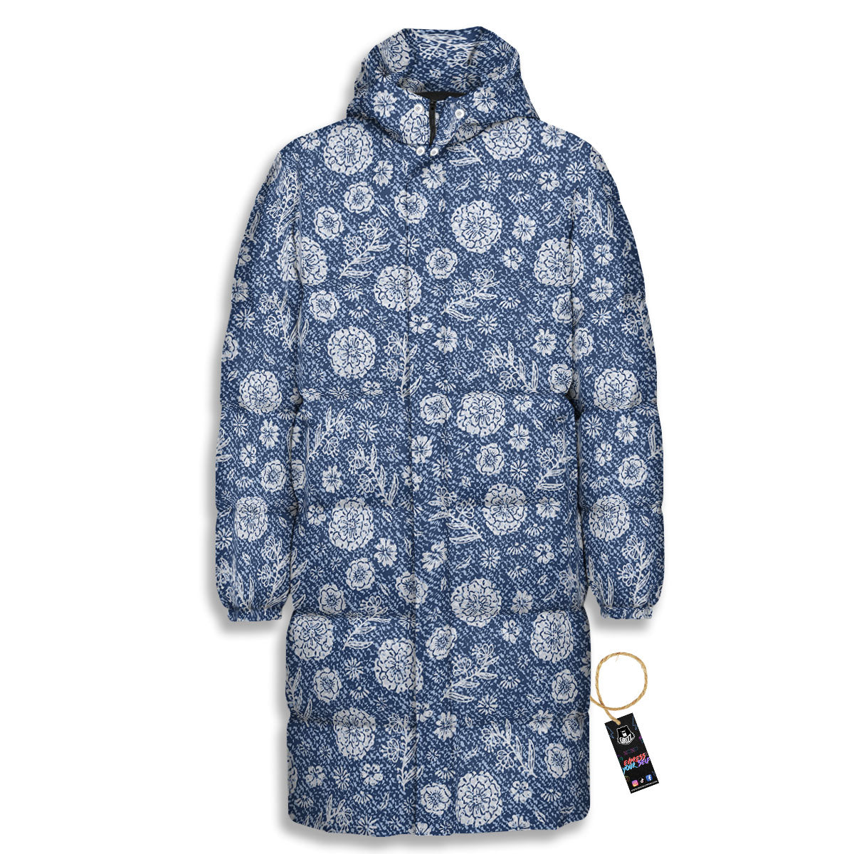 Denim Jeans Flower Print Pattern Long Down Jacket-grizzshop