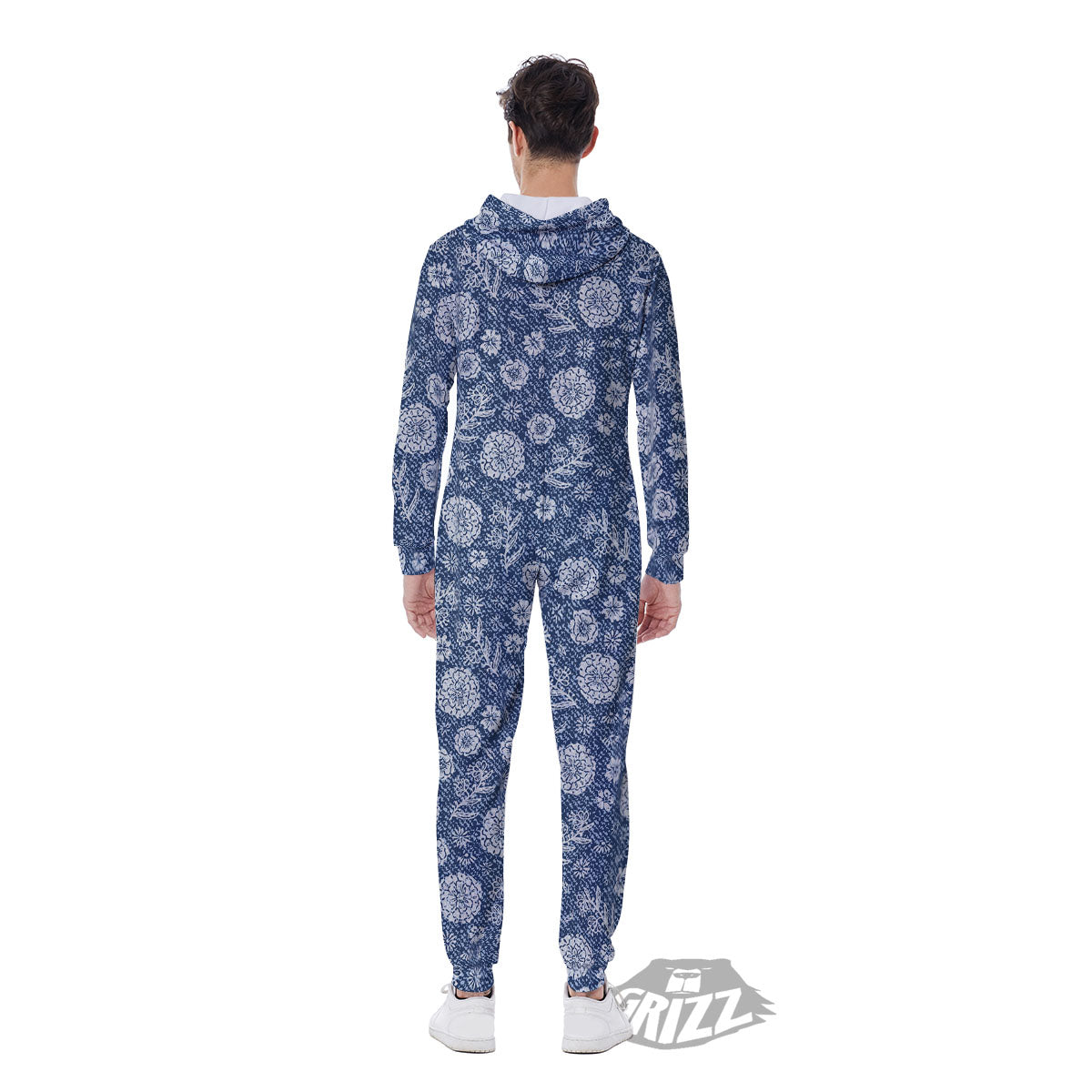 Denim Jeans Flower Print Pattern Men's Jumpsuit-grizzshop