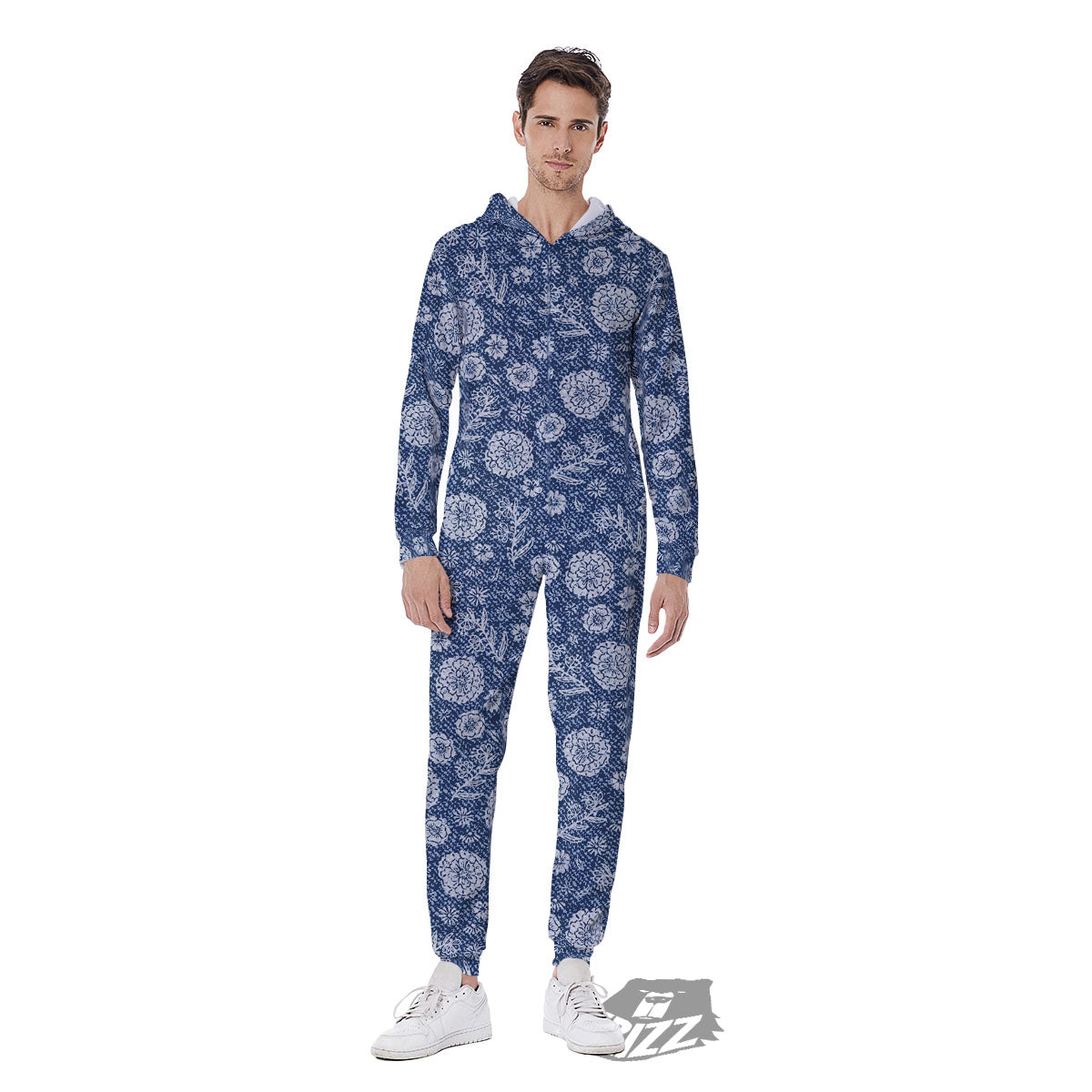 Denim Jeans Flower Print Pattern Men's Jumpsuit-grizzshop