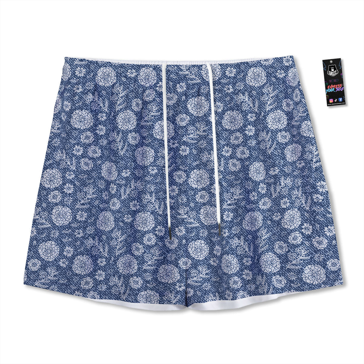 Denim Jeans Flower Print Pattern Mesh Shorts-grizzshop