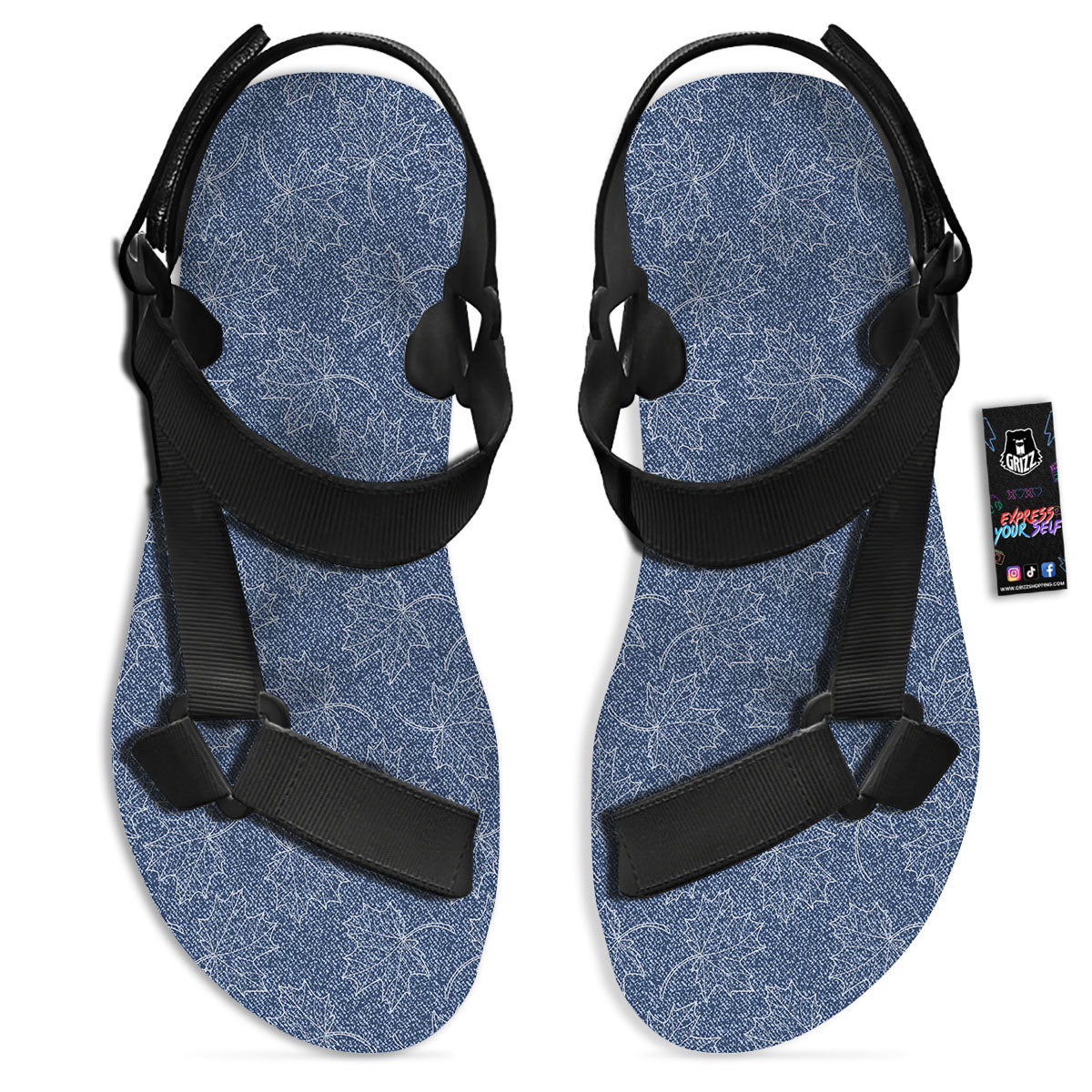 Denim Jeans Maple Leaf Print Pattern Black Open Toe Sandals-grizzshop