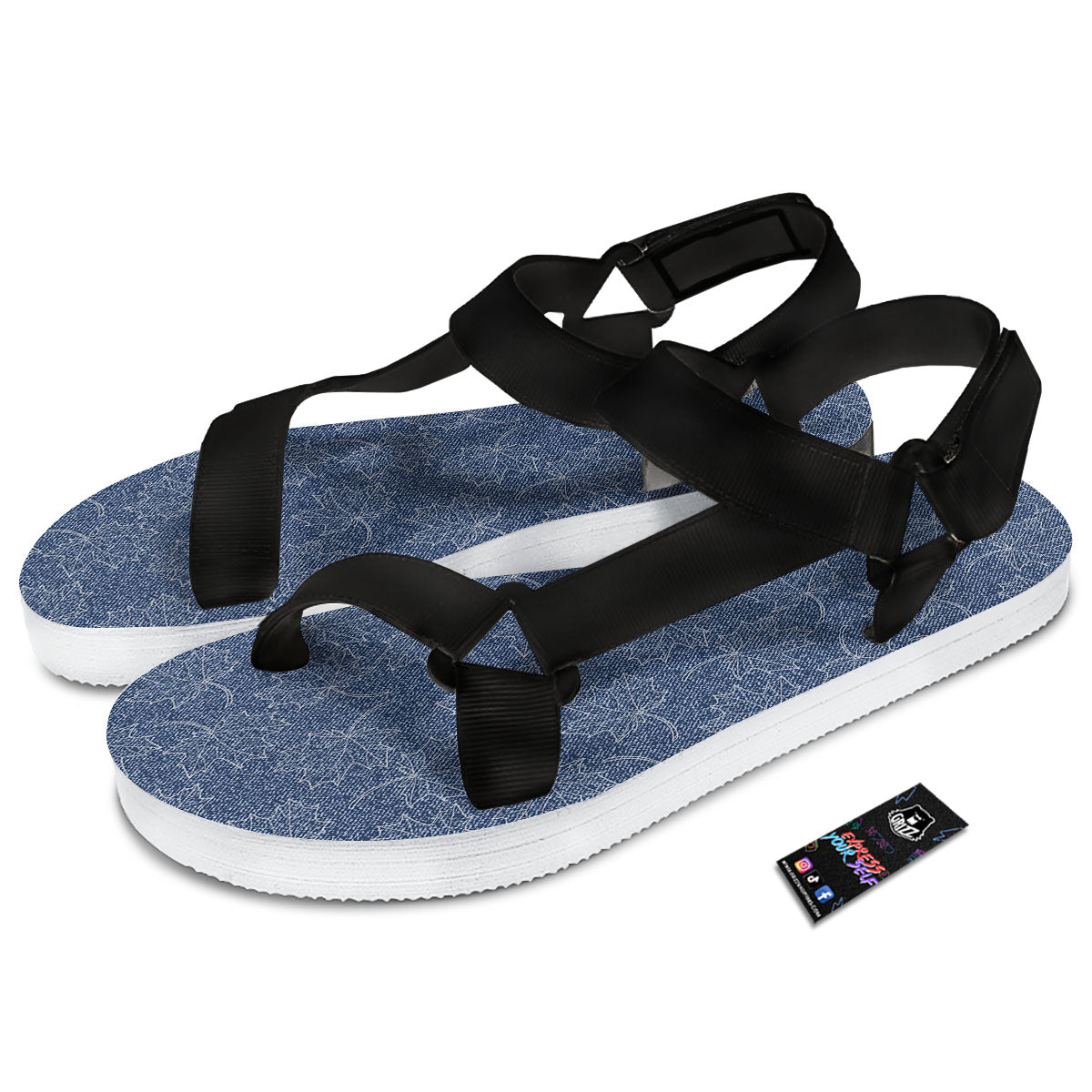 Denim Jeans Maple Leaf Print Pattern Black Open Toe Sandals-grizzshop