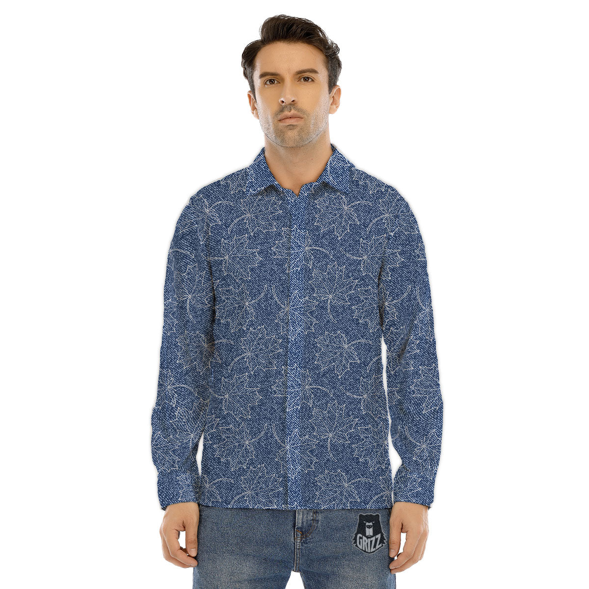 Denim Jeans Maple Leaf Print Pattern Men's Dress Shirts-grizzshop