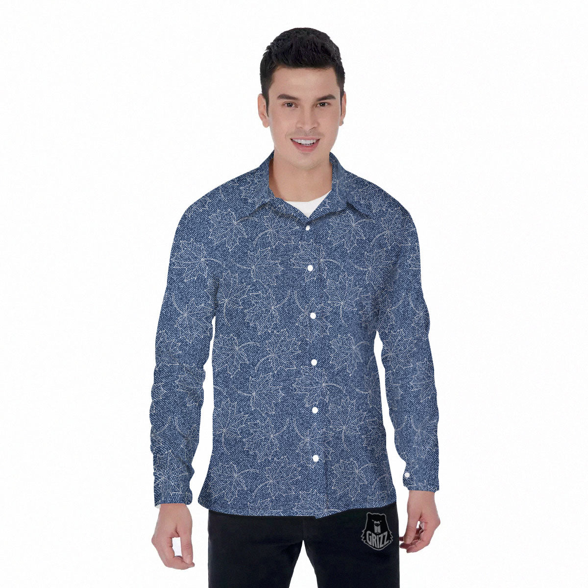 Denim Jeans Maple Leaf Print Pattern Men's Long Sleeve Shirts-grizzshop
