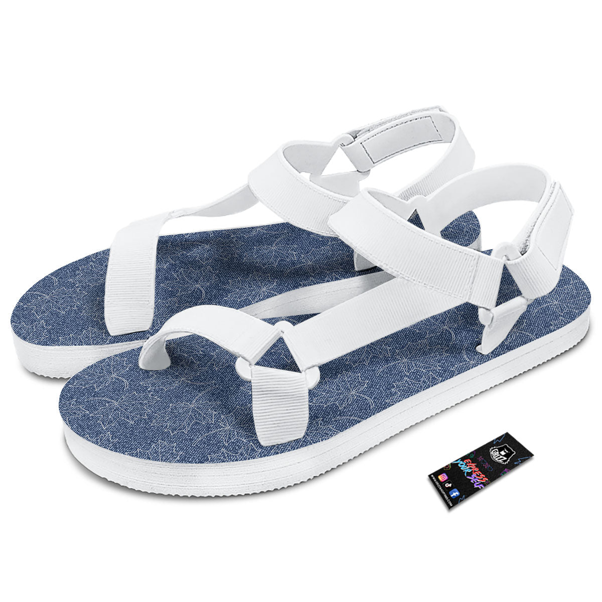 Denim Jeans Maple Leaf Print Pattern White Open Toe Sandals-grizzshop