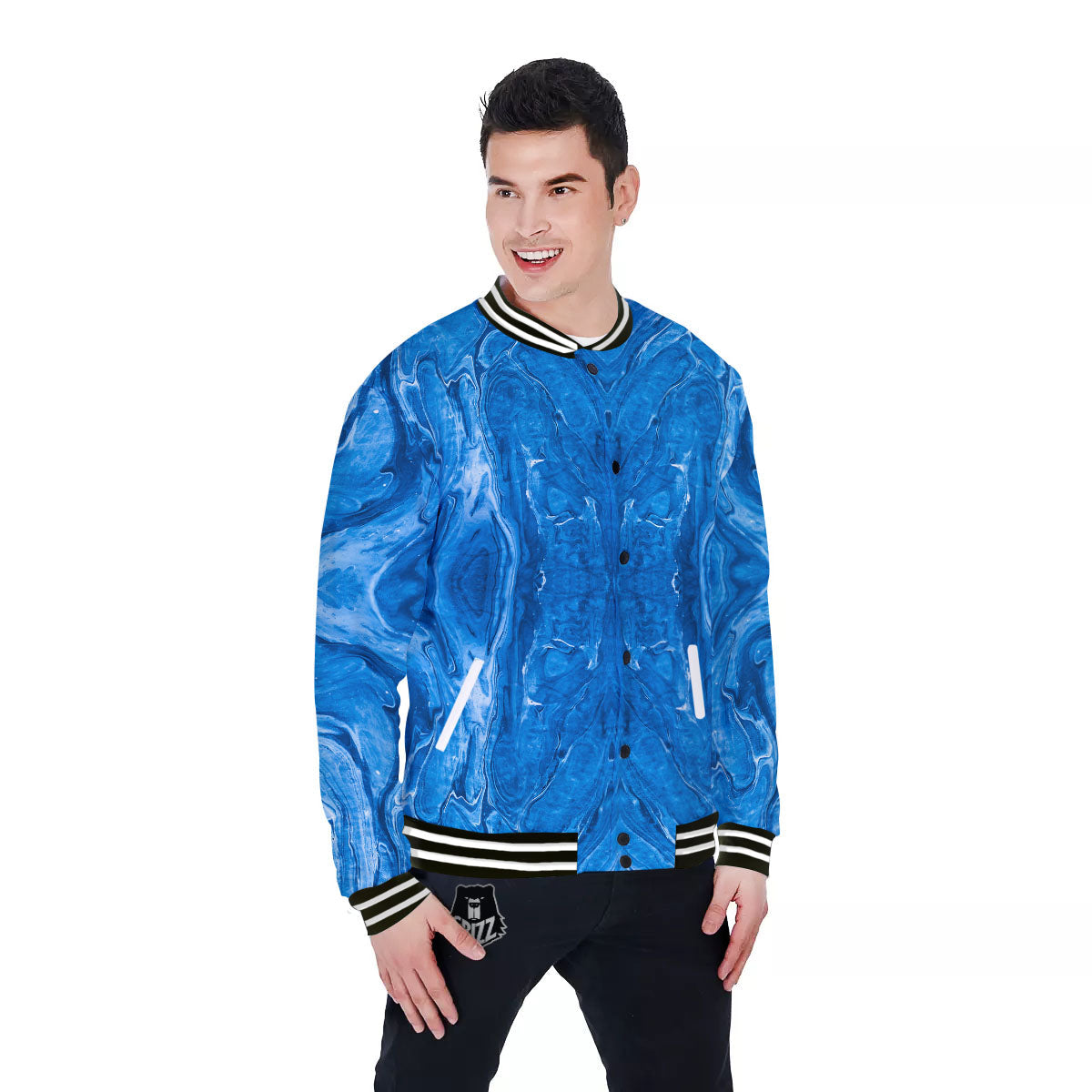 Denim Jeans Marble Print Pattern Baseball Jacket-grizzshop