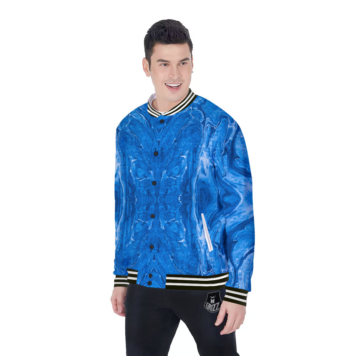 Denim Jeans Marble Print Pattern Baseball Jacket-grizzshop