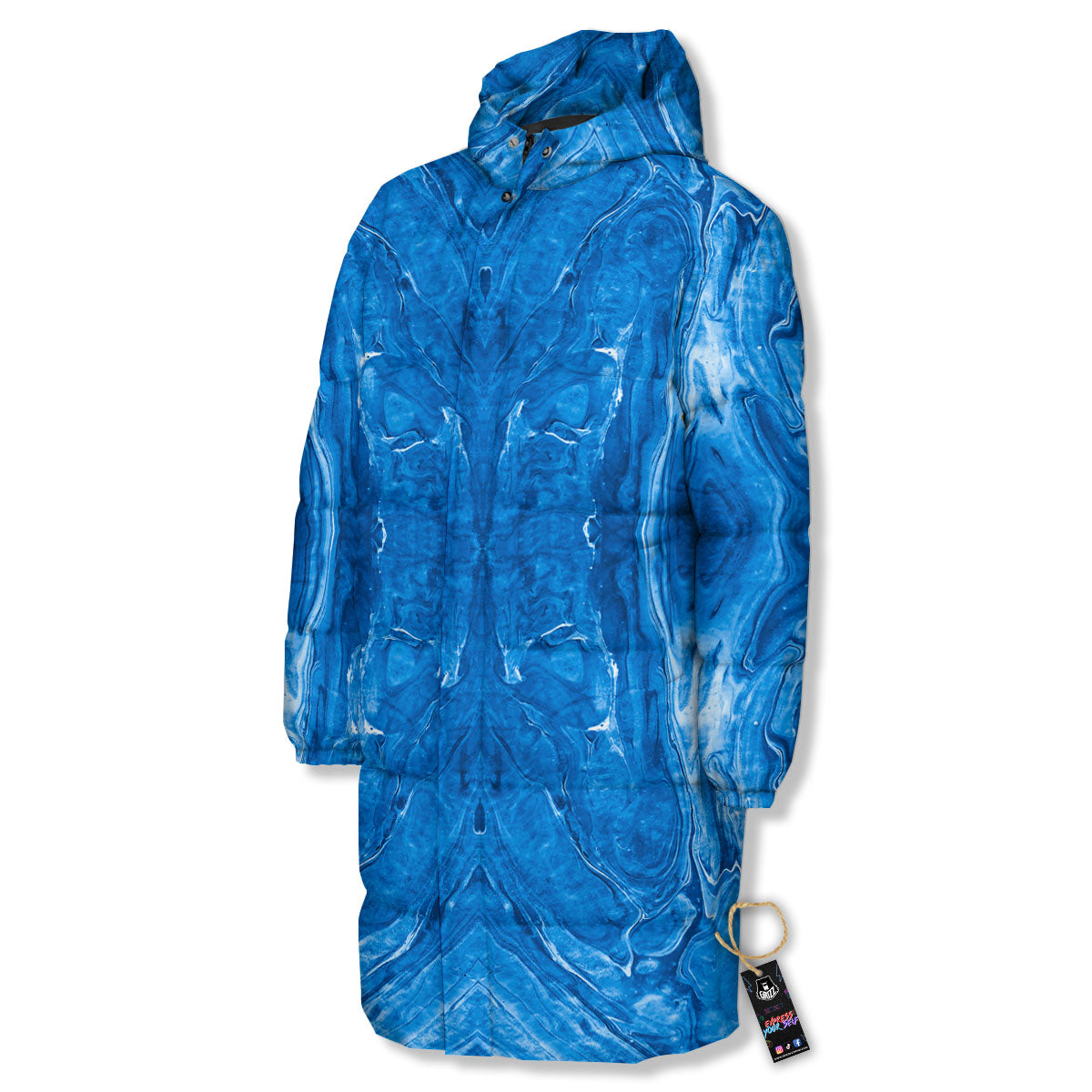 Denim Jeans Marble Print Pattern Long Down Jacket-grizzshop