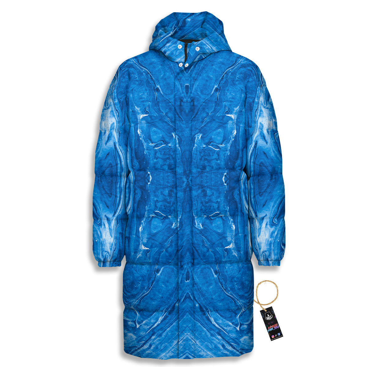 Denim Jeans Marble Print Pattern Long Down Jacket-grizzshop