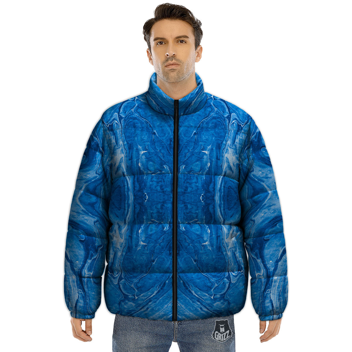 Denim Jeans Marble Print Pattern Puffer Jacket-grizzshop