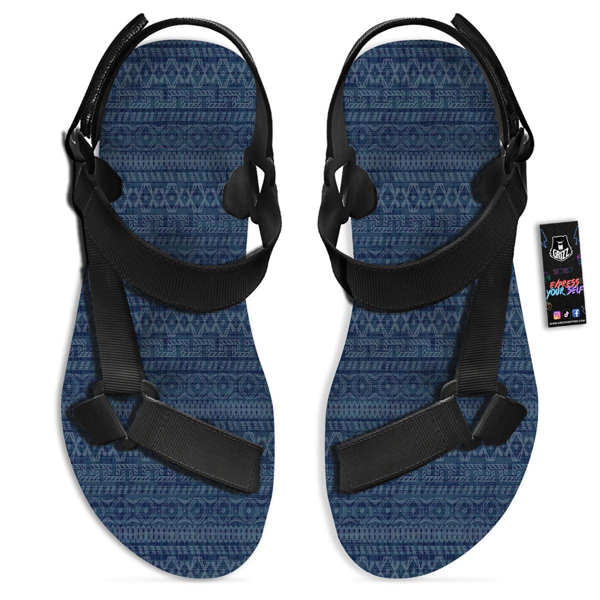 Denim Jeans Native Print Pattern Black Open Toe Sandals-grizzshop