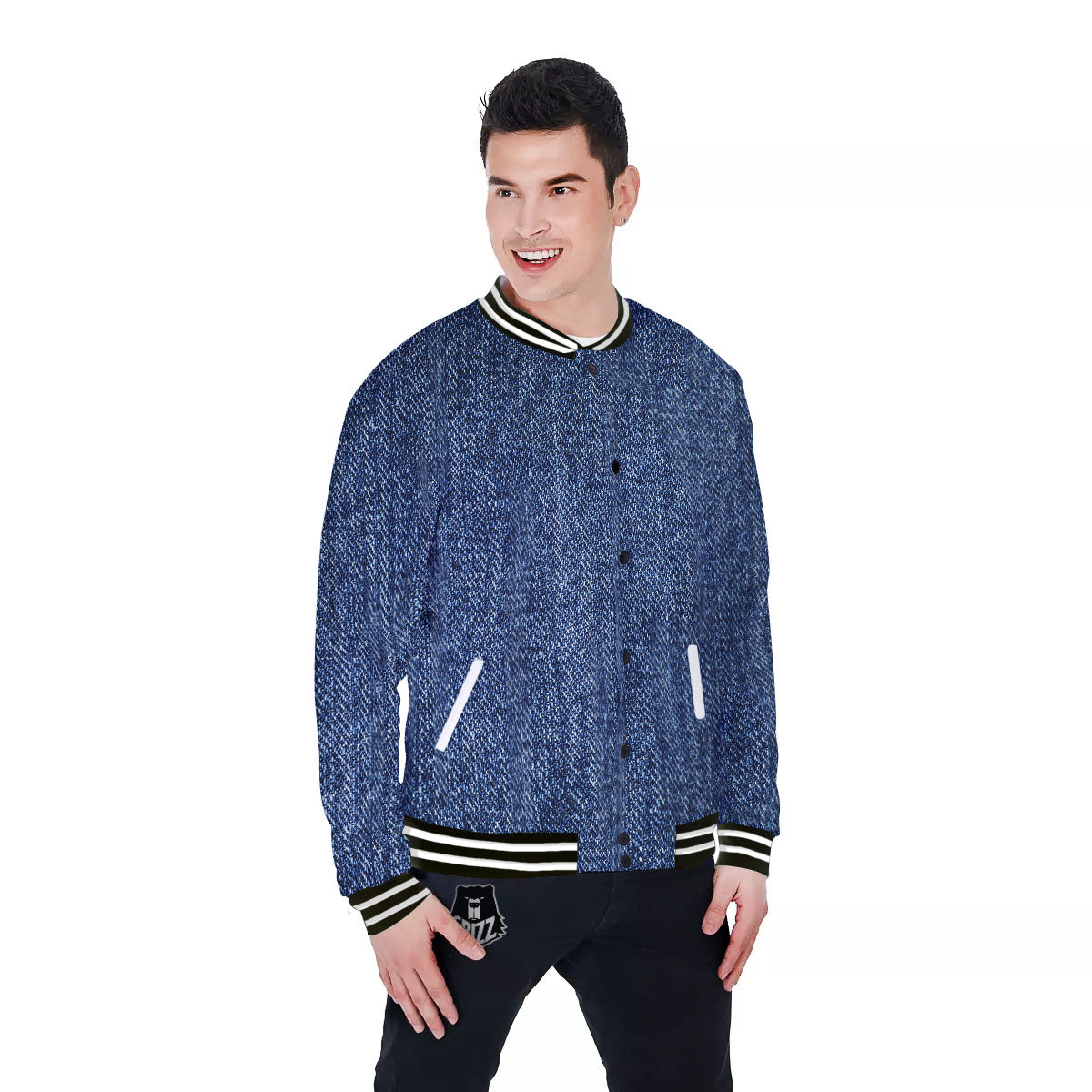 Denim Jeans Navy Blue Print Baseball Jacket-grizzshop