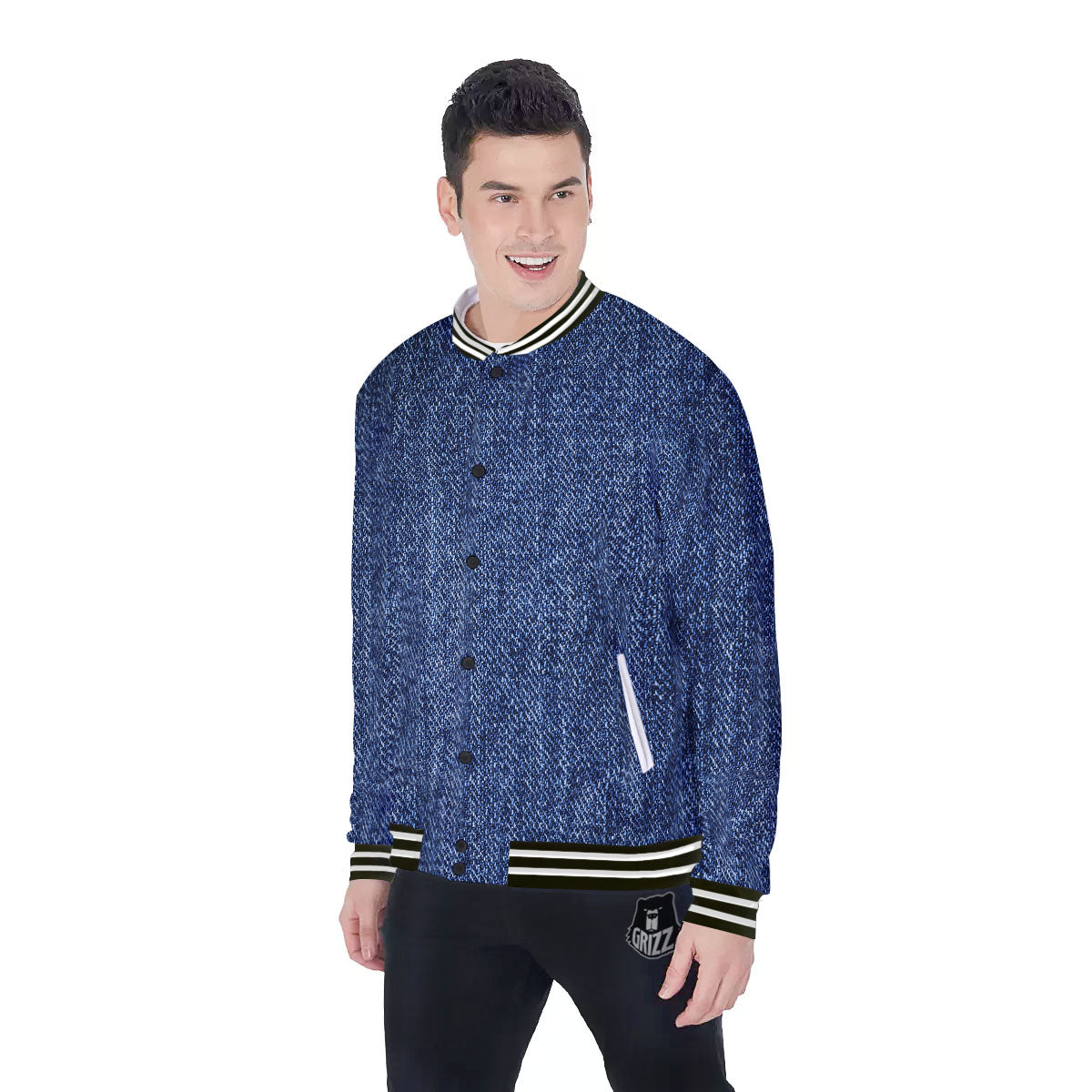 Denim Jeans Navy Blue Print Baseball Jacket-grizzshop