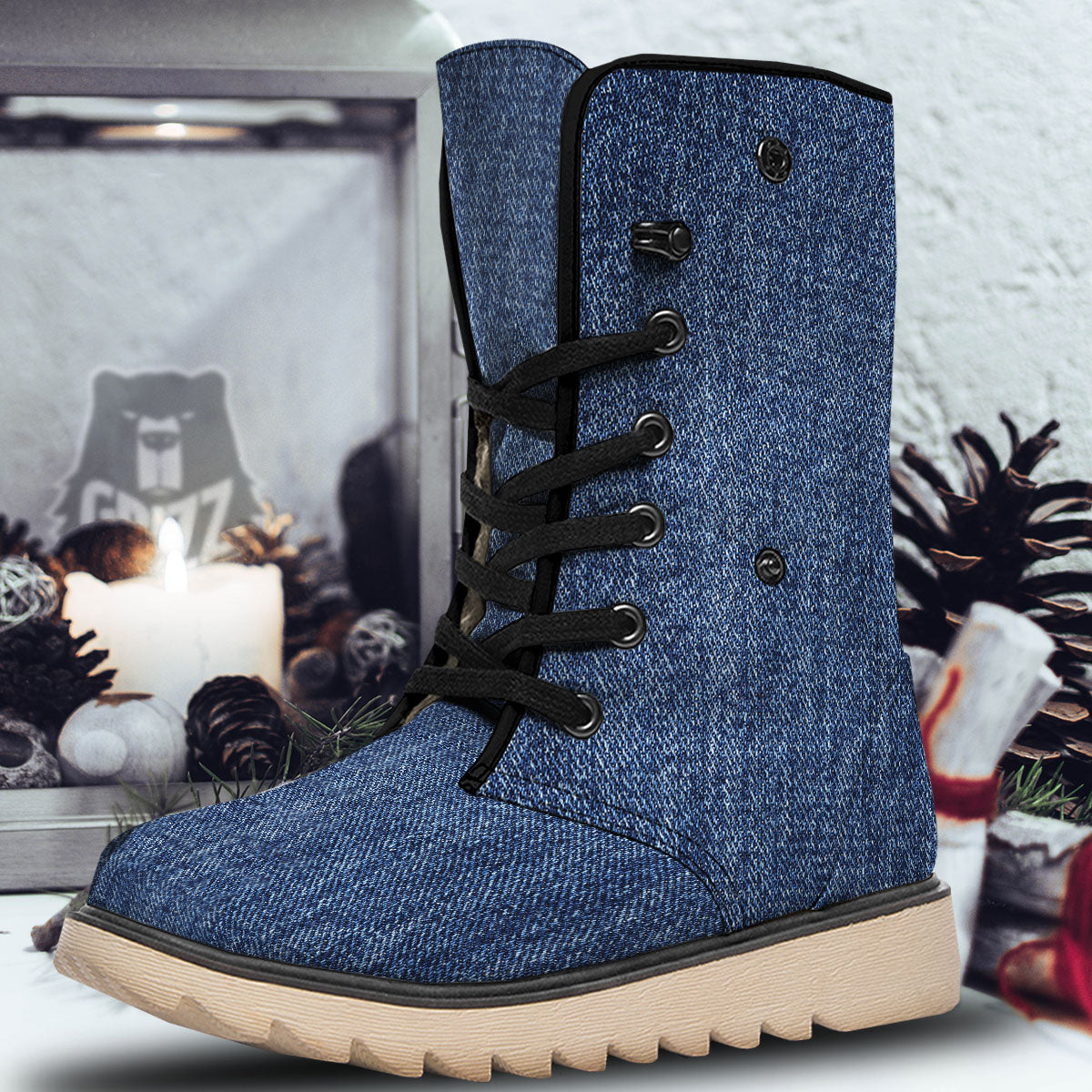 Denim Jeans Navy Blue Print Snow Boots-grizzshop