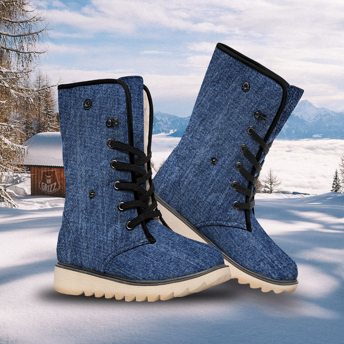 Denim Jeans Navy Blue Print Snow Boots-grizzshop