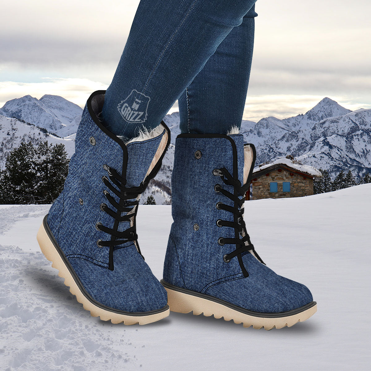 Denim Jeans Navy Blue Print Snow Boots-grizzshop