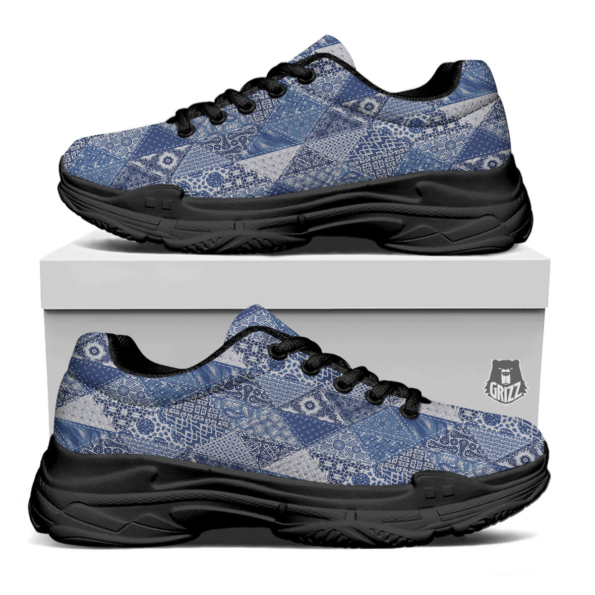 Denim Jeans Patchwork Print Pattern Black Chunky Shoes-grizzshop