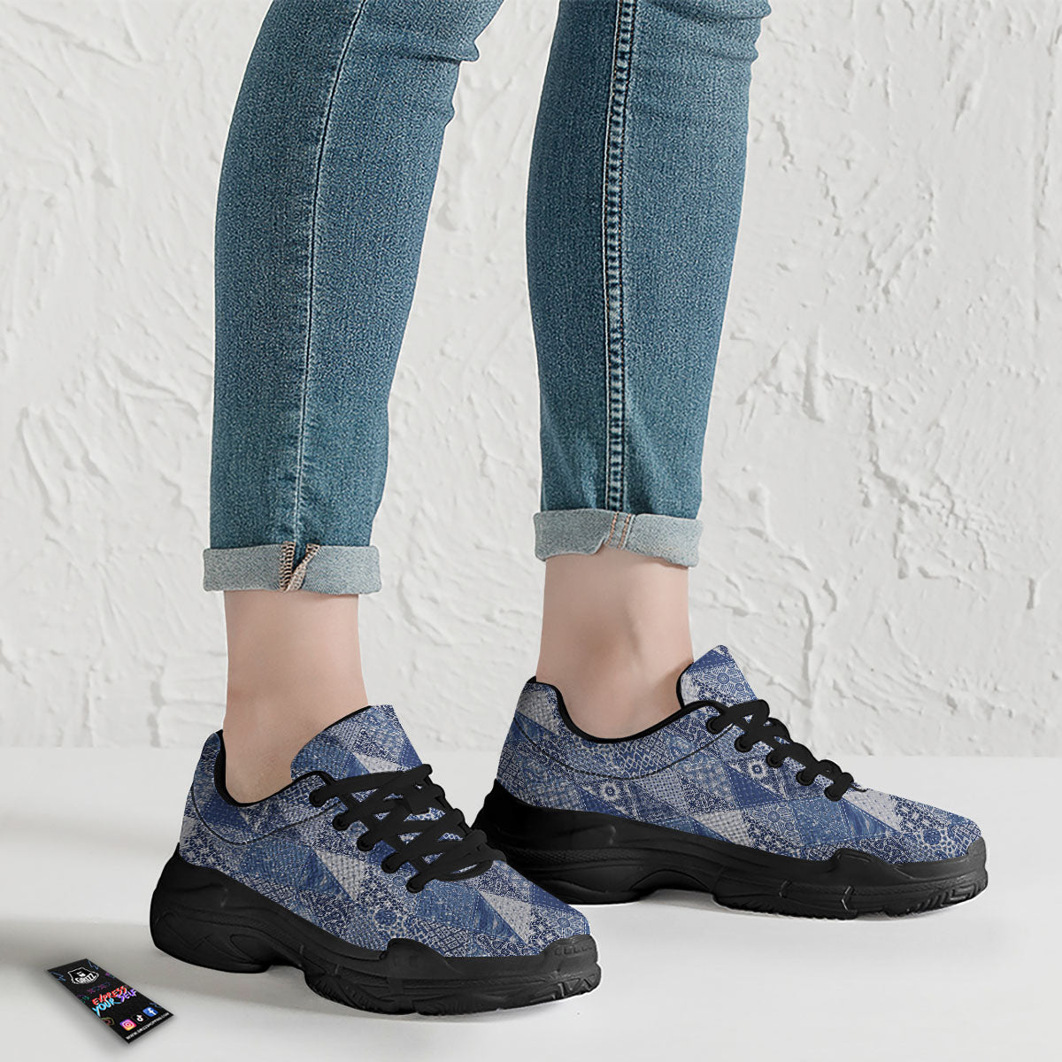 Denim Jeans Patchwork Print Pattern Black Chunky Shoes-grizzshop