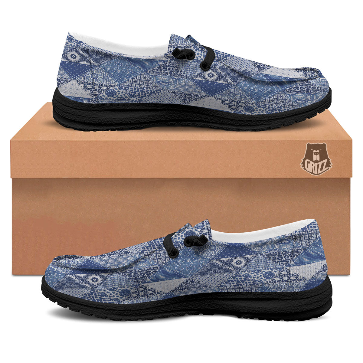 Denim Jeans Patchwork Print Pattern Black Loafers-grizzshop