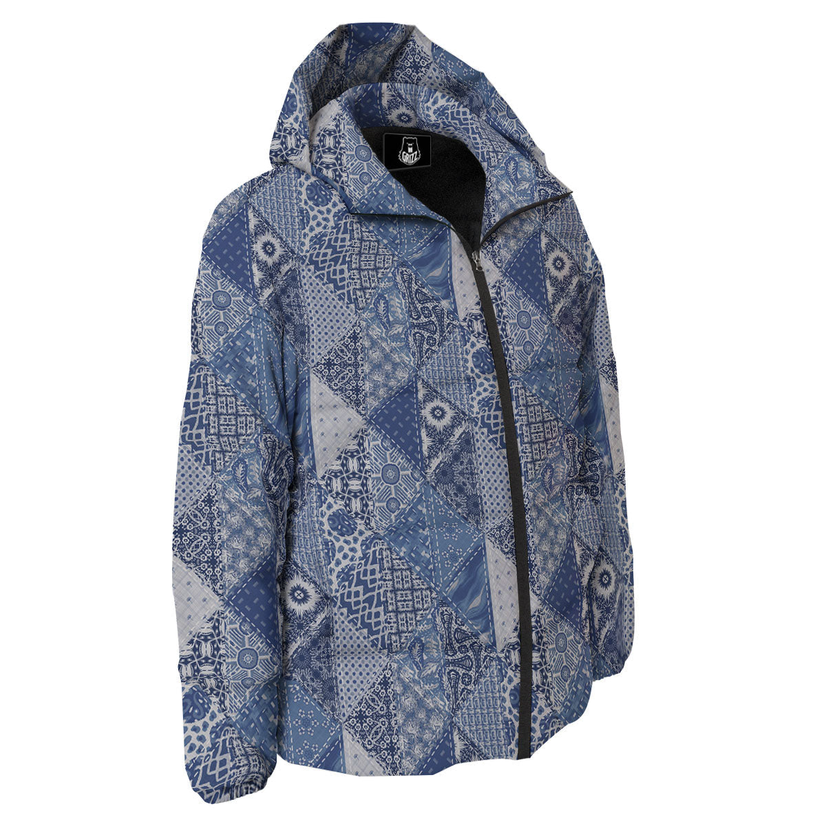 Denim Jeans Patchwork Print Pattern Down Jacket-grizzshop