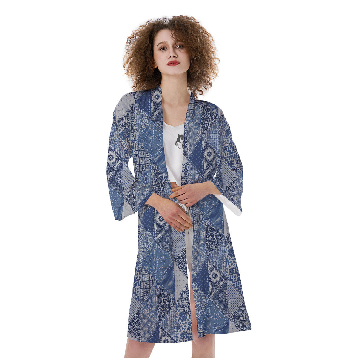 Denim Jeans Patchwork Print Pattern Kimono-grizzshop