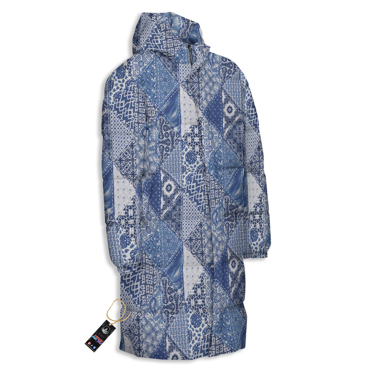 Denim Jeans Patchwork Print Pattern Long Down Jacket-grizzshop