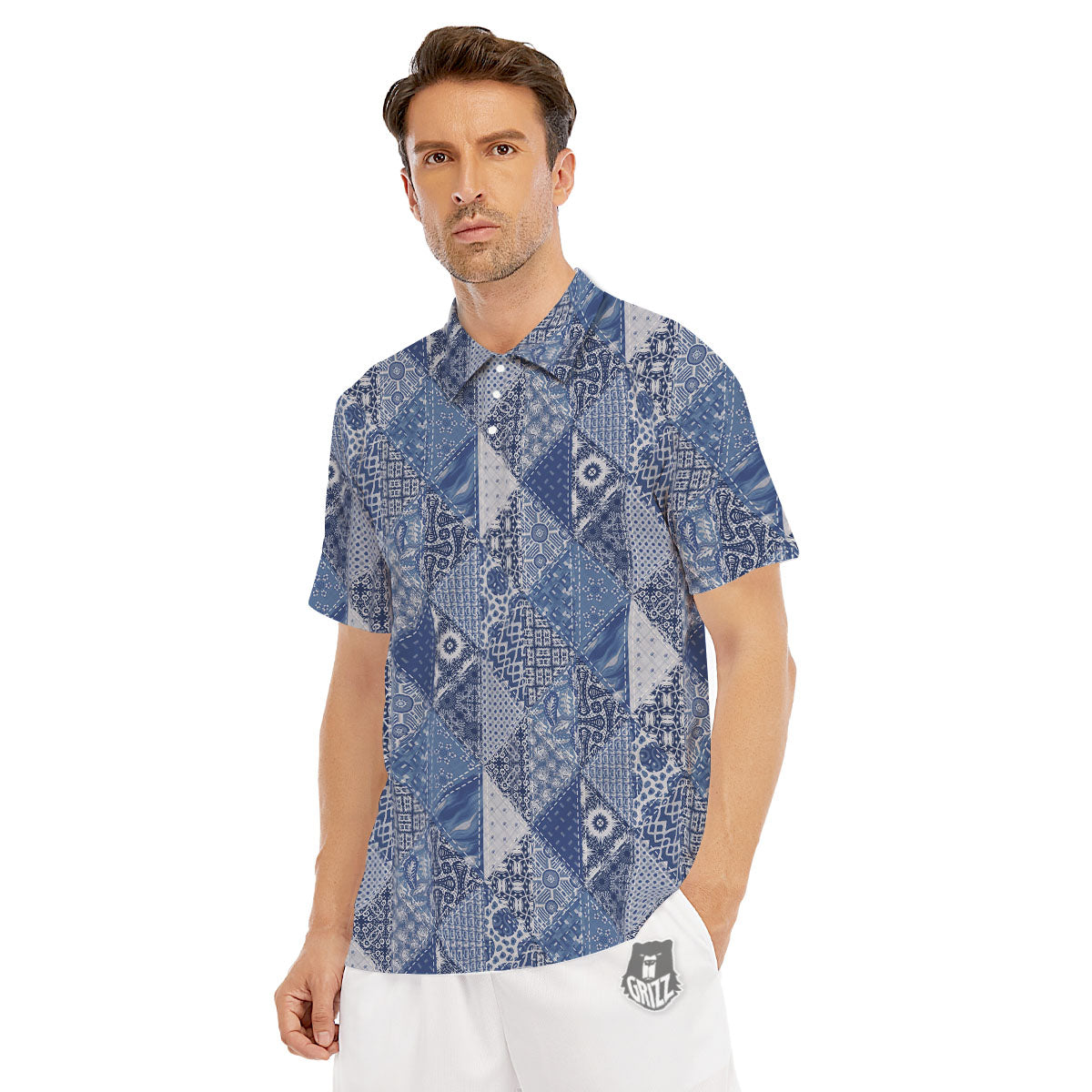 Denim Jeans Patchwork Print Pattern Men's Golf Shirts-grizzshop