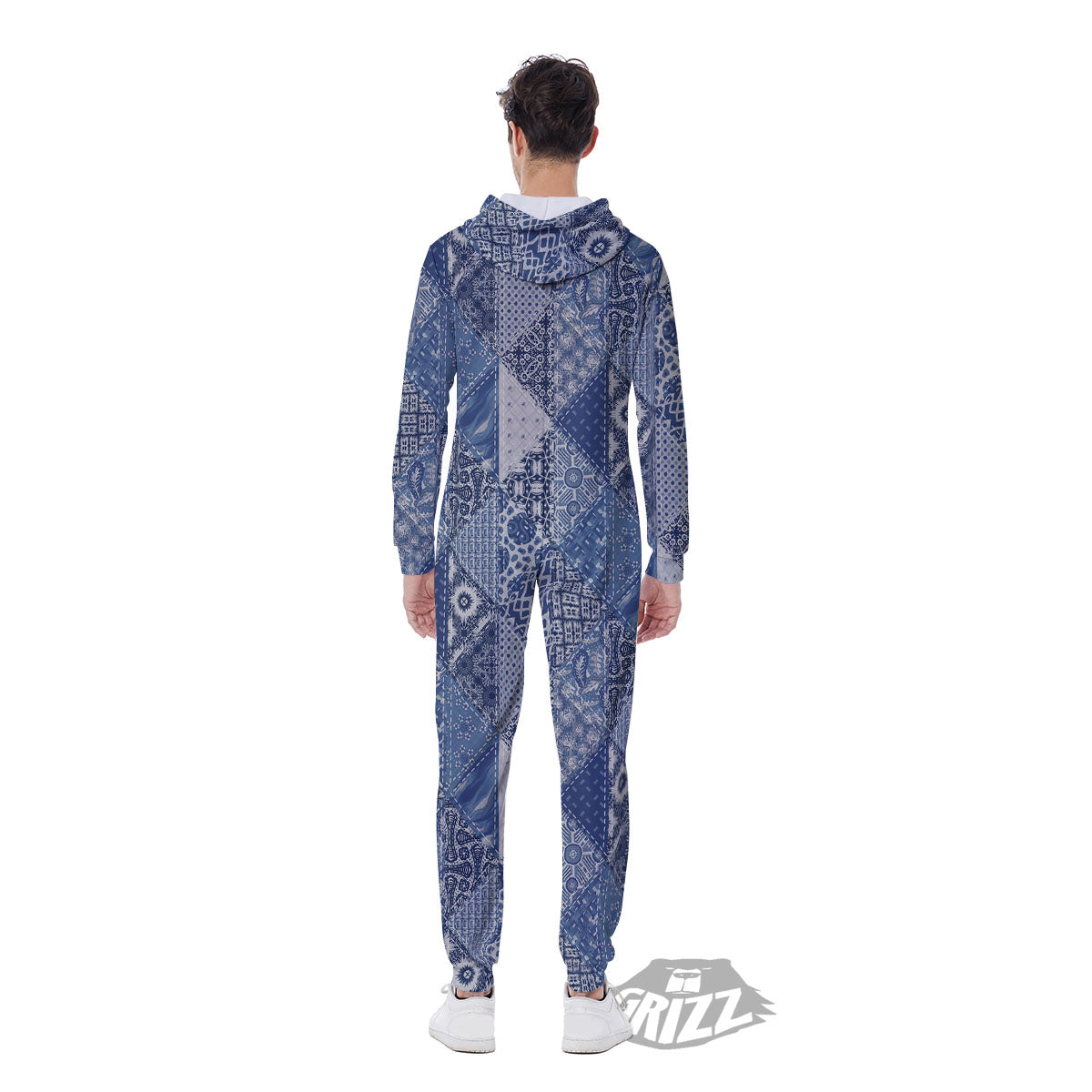 Denim Jeans Patchwork Print Pattern Men's Jumpsuit-grizzshop